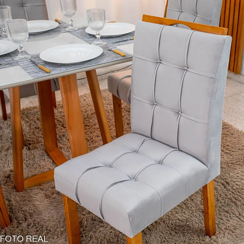 Mesa de Jantar Bali 90×90 Vidro Off/Base Madeira + 4 Cad. Londres Veludo Prata Madeira Minas Plac – Entregue Montada