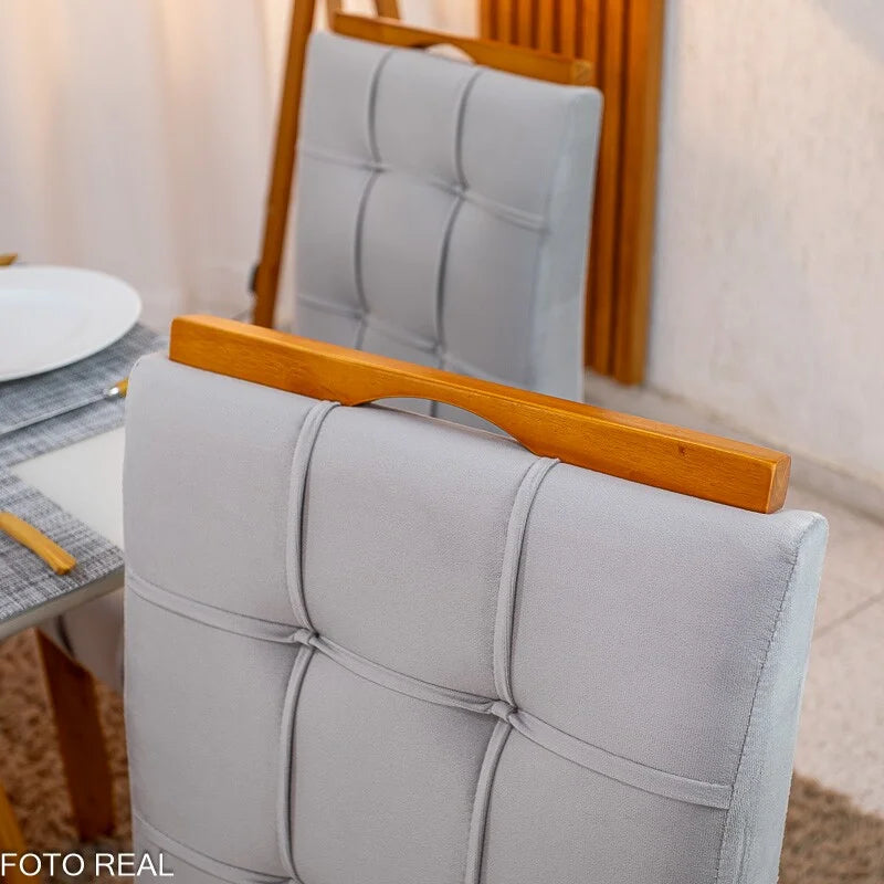 Mesa de Jantar Bali 90×90 Vidro Off/Base Madeira + 4 Cad. Londres Veludo Prata Madeira Minas Plac – Entregue Montada