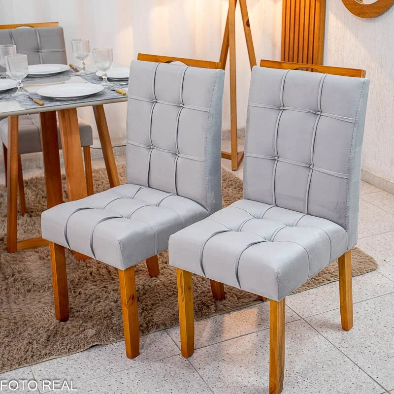 Mesa de Jantar Bali 90×90 Vidro Off/Base Madeira + 4 Cad. Londres Veludo Prata Madeira Minas Plac – Entregue Montada
