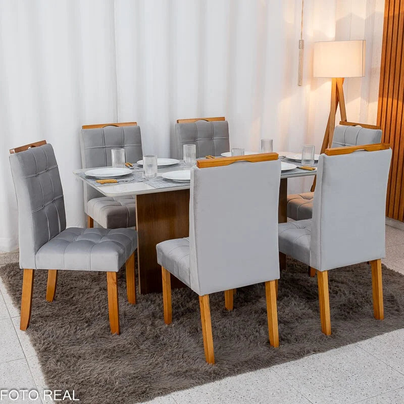 Mesa de Jantar Moscou 160×80 Vidro Off/Base Cinamomo + 6 Cad. Londres Veludo Prata Madeira Minas Plac – Entregue Montada