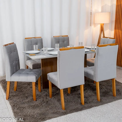 Mesa de Jantar Moscou 160×80 Vidro Off/Base Cinamomo + 6 Cad. Londres Veludo Prata Madeira Minas Plac – Entregue Montada