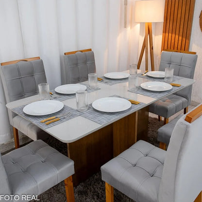 Mesa de Jantar Moscou 160×80 Vidro Off/Base Cinamomo + 6 Cad. Londres Veludo Prata Madeira Minas Plac – Entregue Montada