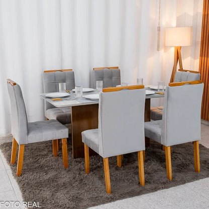 Mesa de Jantar Moscou 160×80 Vidro Off/Base Cinamomo + 6 Cad. Londres Veludo Prata Madeira Minas Plac – Entregue Montada