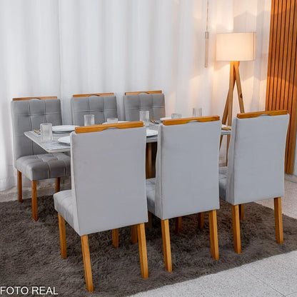 Mesa de Jantar Moscou 160×80 Vidro Off/Base Cinamomo + 6 Cad. Londres Veludo Prata Madeira Minas Plac – Entregue Montada