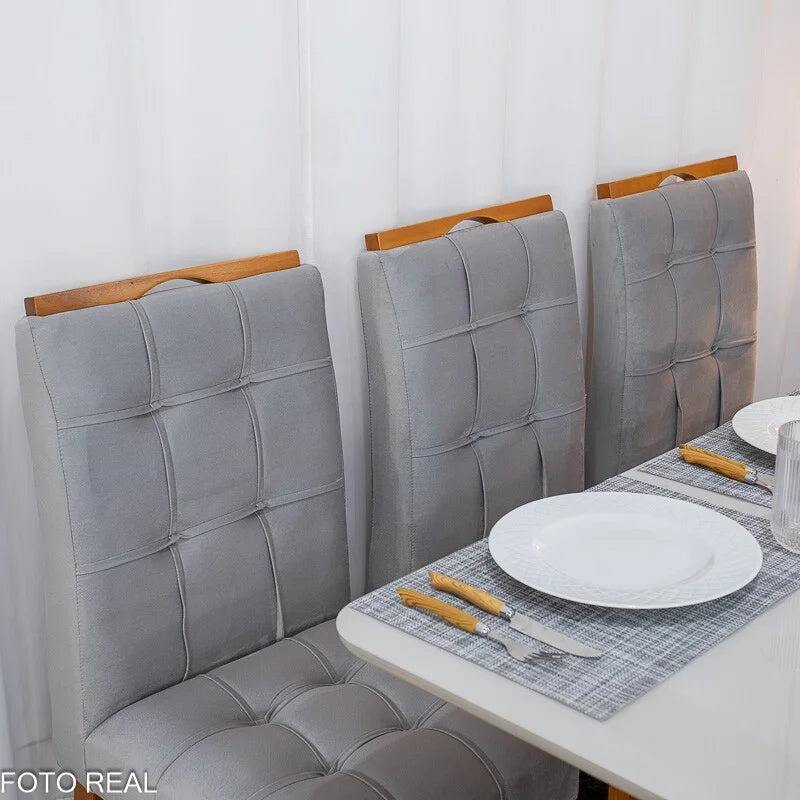 Mesa de Jantar Moscou 160×80 Vidro Off/Base Cinamomo + 6 Cad. Londres Veludo Prata Madeira Minas Plac – Entregue Montada