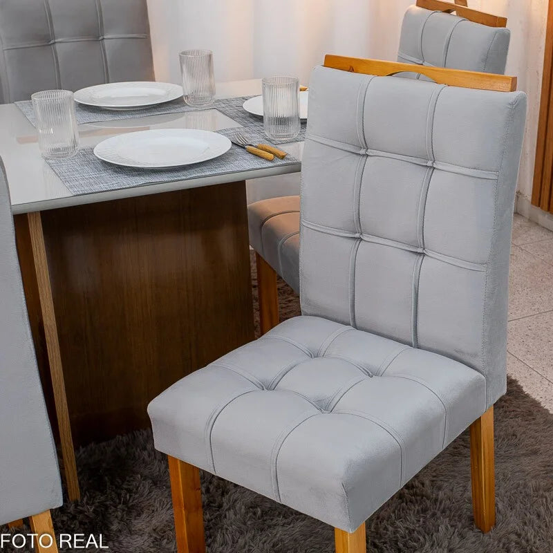 Mesa de Jantar Moscou 160×80 Vidro Off/Base Cinamomo + 6 Cad. Londres Veludo Prata Madeira Minas Plac – Entregue Montada