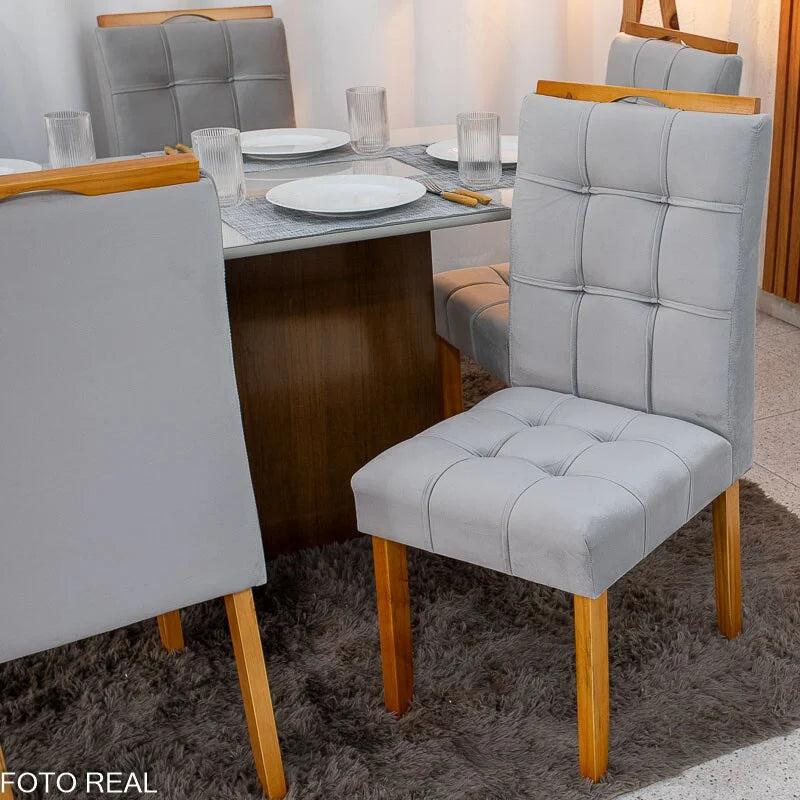 Mesa de Jantar Moscou 160×80 Vidro Off/Base Cinamomo + 6 Cad. Londres Veludo Prata Madeira Minas Plac – Entregue Montada