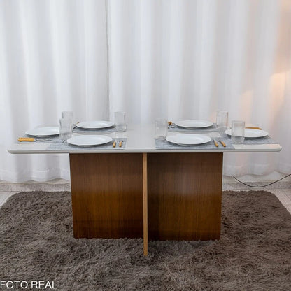 Mesa de Jantar Moscou 160×80 Vidro Off/Base Cinamomo + 6 Cad. Londres Veludo Prata Madeira Minas Plac – Entregue Montada