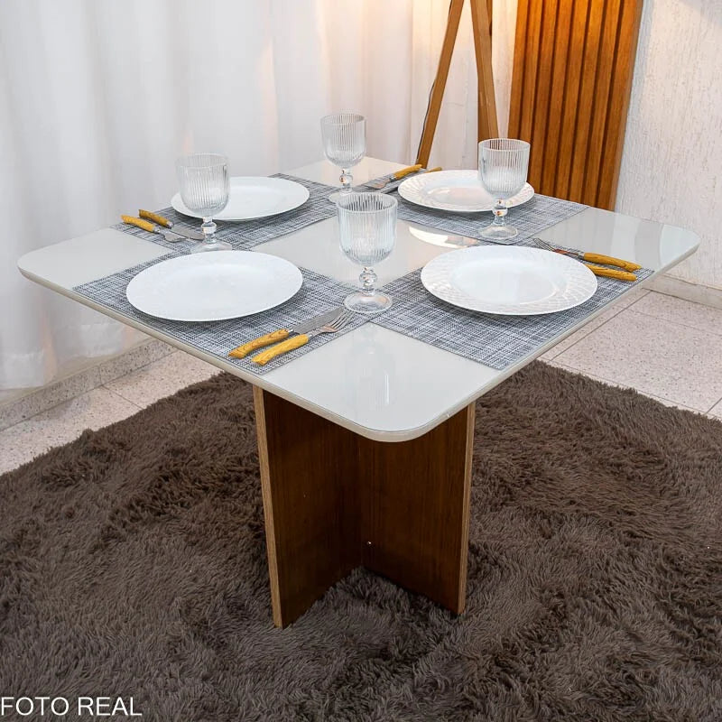 Mesa de Jantar Moscou 90×90 Vidro Off/Base Cinamomo – Minas Plac