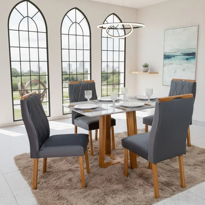 Mesa de Jantar Pedro 120×80 Vidro Off/Base Madeira + 4 Cad. Lisboa Veludo Cinza 507 Madeira Art Assento – Entregue Montada