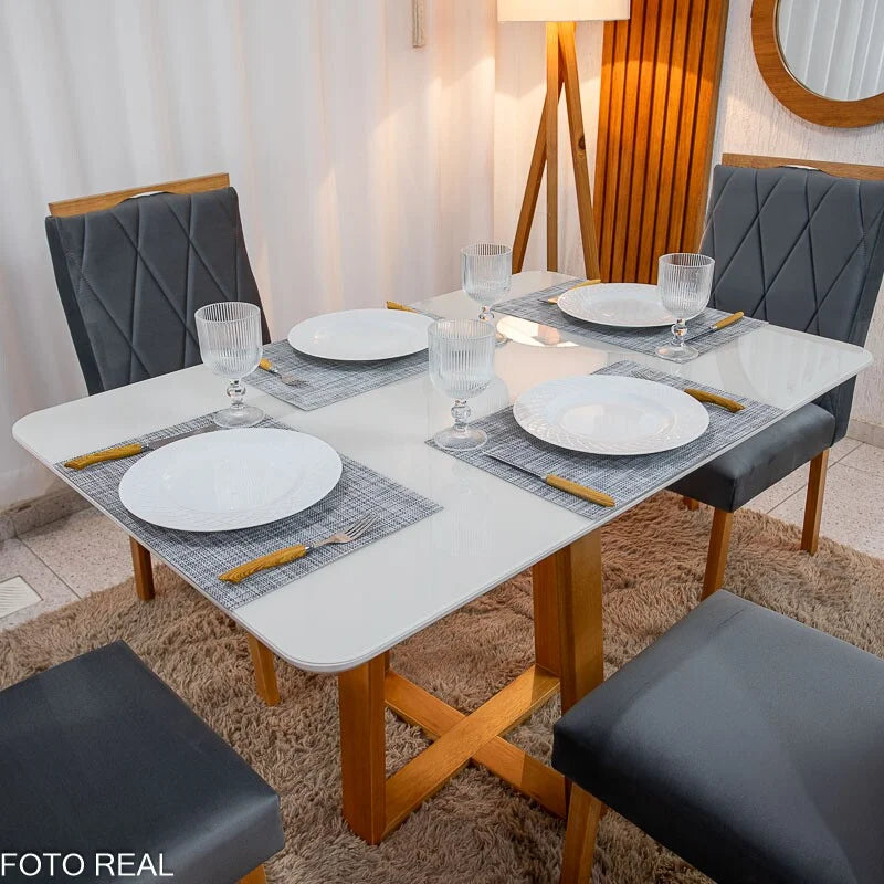 Mesa de Jantar Pedro 120×80 Vidro Off/Base Madeira + 4 Cad. Lisboa Veludo Cinza 507 Madeira Art Assento – Entregue Montada