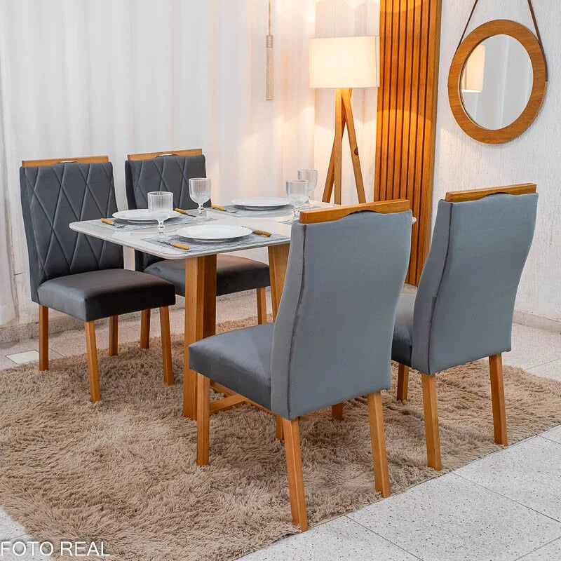 Mesa de Jantar Pedro 120×80 Vidro Off/Base Madeira + 4 Cad. Lisboa Veludo Cinza 507 Madeira Art Assento – Entregue Montada