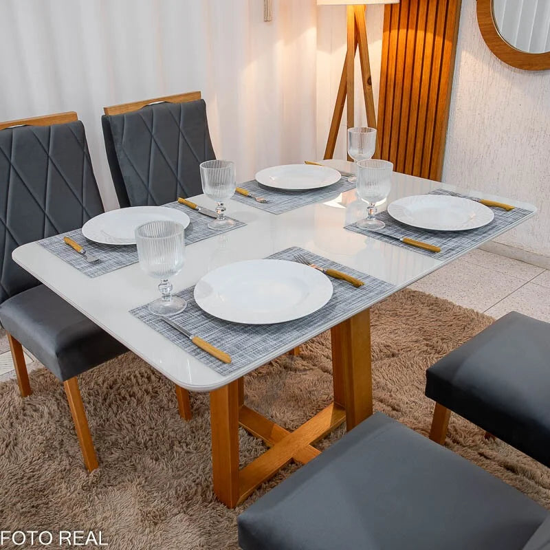 Mesa de Jantar Pedro 120×80 Vidro Off/Base Madeira + 4 Cad. Lisboa Veludo Cinza 507 Madeira Art Assento – Entregue Montada