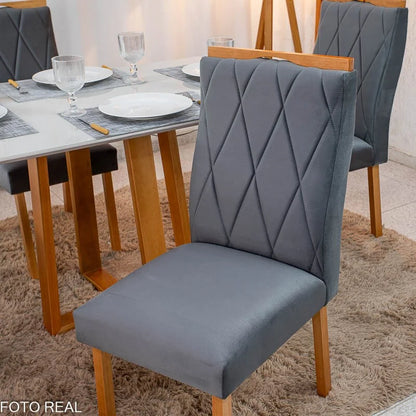 Mesa de Jantar Pedro 120×80 Vidro Off/Base Madeira + 4 Cad. Lisboa Veludo Cinza 507 Madeira Art Assento – Entregue Montada