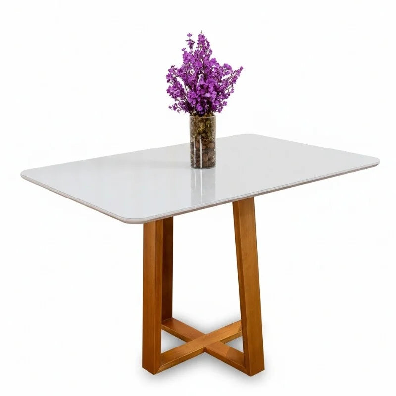 Mesa de Jantar Pedro 120×80 Vidro Off/Base Madeira Art Assento – Entregue Montada