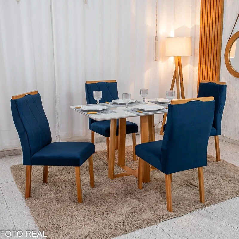 Mesa de Jantar Pedro 120×80 Vidro Off/Base Madeira + 4 Cad. Lisboa Veludo Azul 503 Madeira Art Assento – Entregue Montada