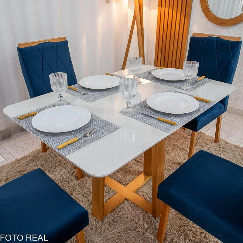 Mesa de Jantar Pedro 120×80 Vidro Off/Base Madeira + 4 Cad. Lisboa Veludo Azul 503 Madeira Art Assento – Entregue Montada