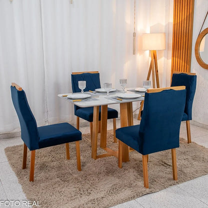 Mesa de Jantar Pedro 120×80 Vidro Off/Base Madeira + 4 Cad. Lisboa Veludo Azul 503 Madeira Art Assento – Entregue Montada