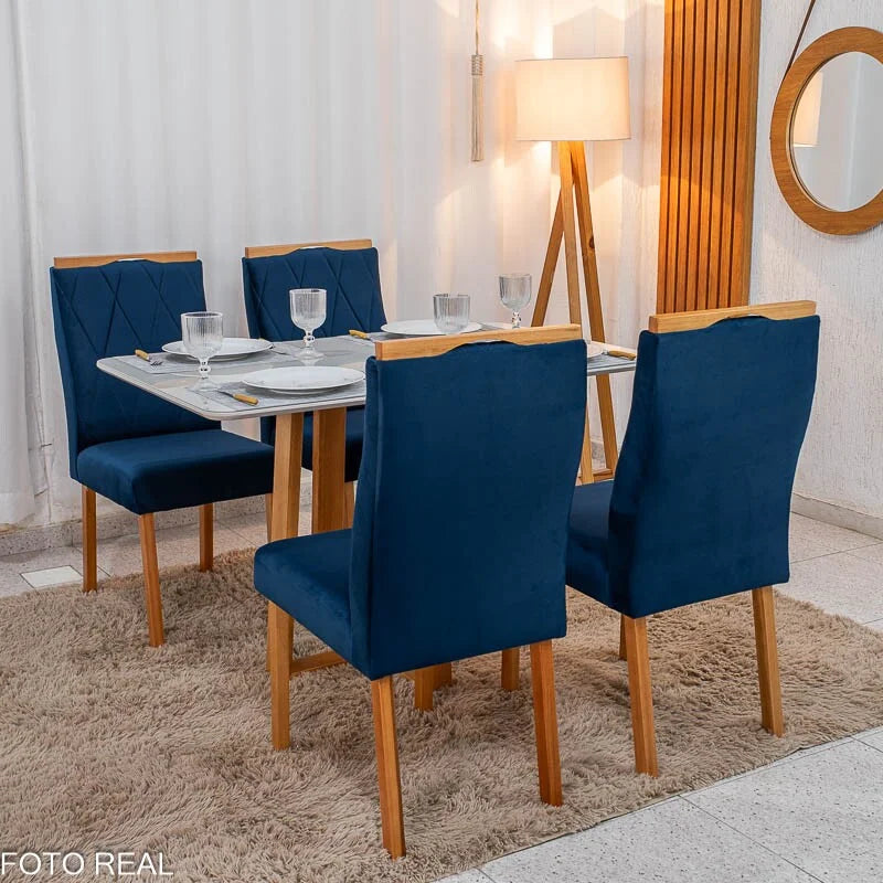 Mesa de Jantar Pedro 120×80 Vidro Off/Base Madeira + 4 Cad. Lisboa Veludo Azul 503 Madeira Art Assento – Entregue Montada