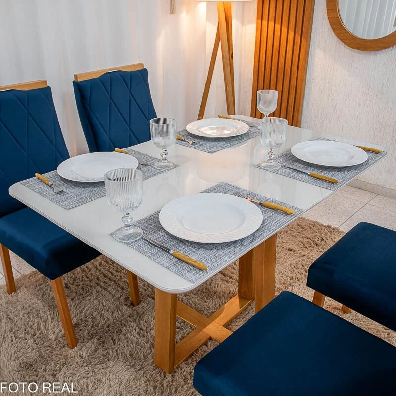 Mesa de Jantar Pedro 120×80 Vidro Off/Base Madeira + 4 Cad. Lisboa Veludo Azul 503 Madeira Art Assento – Entregue Montada