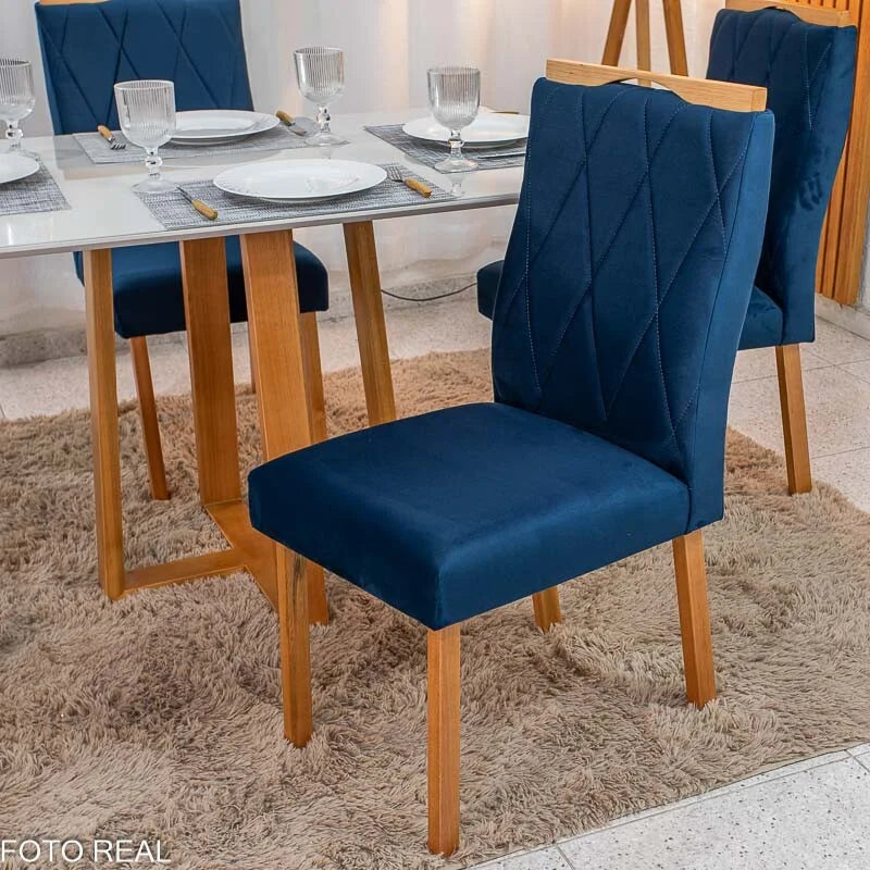Mesa de Jantar Pedro 120×80 Vidro Off/Base Madeira + 4 Cad. Lisboa Veludo Azul 503 Madeira Art Assento – Entregue Montada