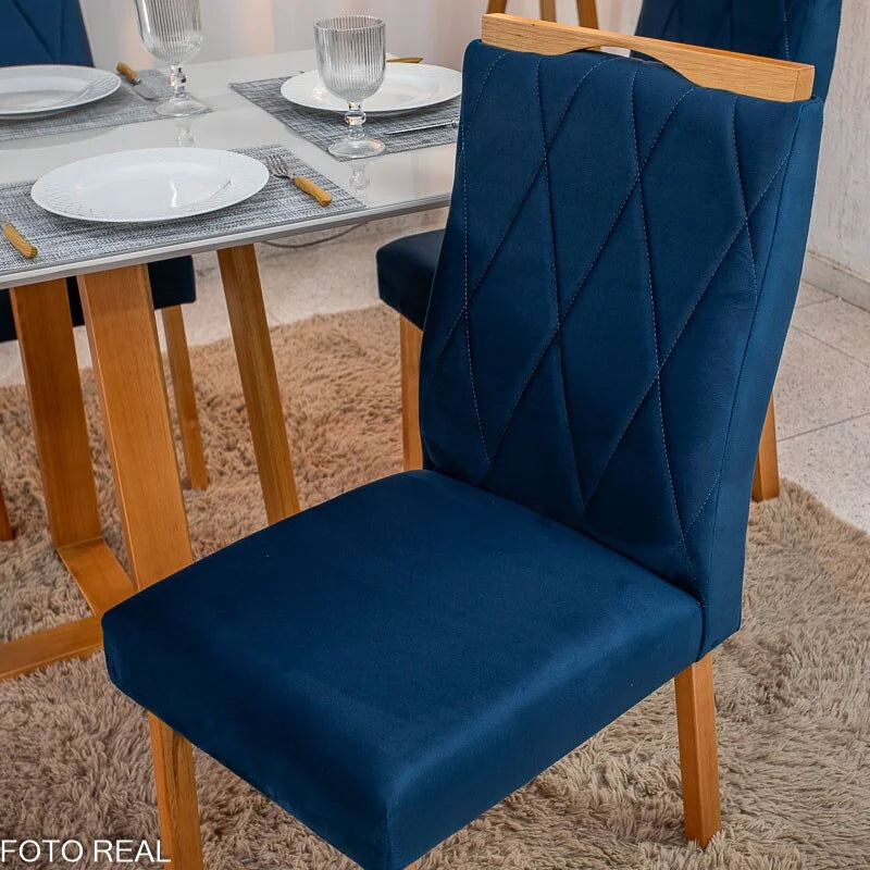 Mesa de Jantar Pedro 120×80 Vidro Off/Base Madeira + 4 Cad. Lisboa Veludo Azul 503 Madeira Art Assento – Entregue Montada