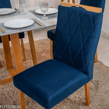 Mesa de Jantar Pedro 120×80 Vidro Off/Base Madeira + 4 Cad. Lisboa Veludo Azul 503 Madeira Art Assento – Entregue Montada