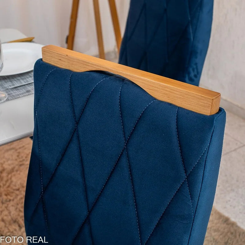 Mesa de Jantar Pedro 120×80 Vidro Off/Base Madeira + 4 Cad. Lisboa Veludo Azul 503 Madeira Art Assento – Entregue Montada
