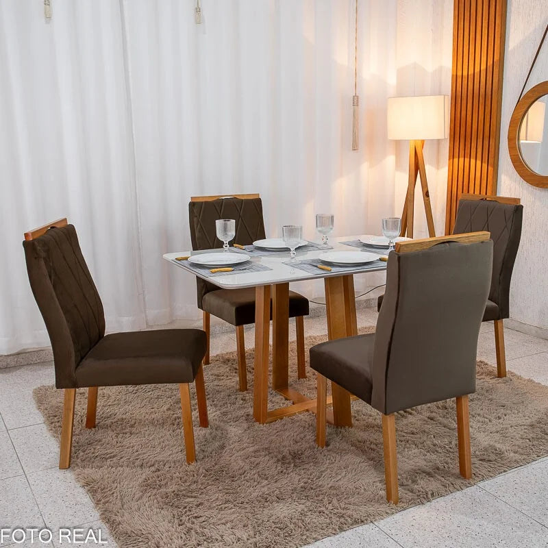 Mesa de Jantar Pedro 120×80 Vidro Off/Base Madeira + 4 Cad. Lisboa Veludo Marrom 509 Madeira Art Assento – Entregue Montada