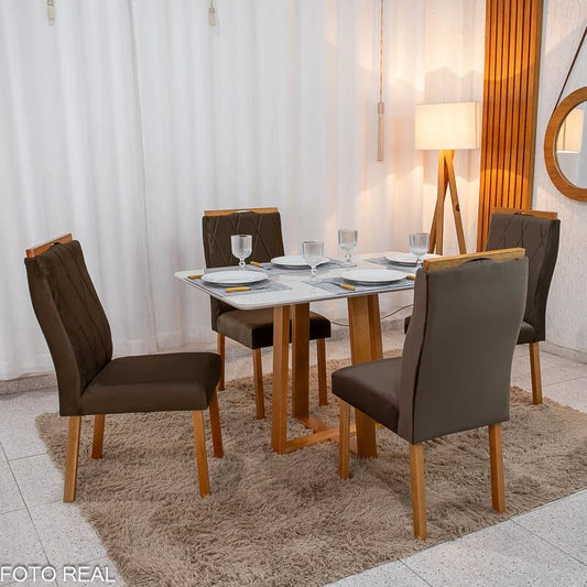 Mesa de Jantar Pedro 120×80 Vidro Off/Base Madeira + 4 Cad. Lisboa Veludo Marrom 509 Madeira Art Assento – Entregue Montada