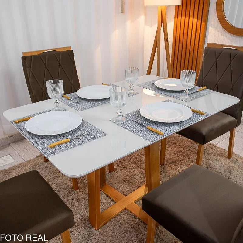 Mesa de Jantar Pedro 120×80 Vidro Off/Base Madeira + 4 Cad. Lisboa Veludo Marrom 509 Madeira Art Assento – Entregue Montada