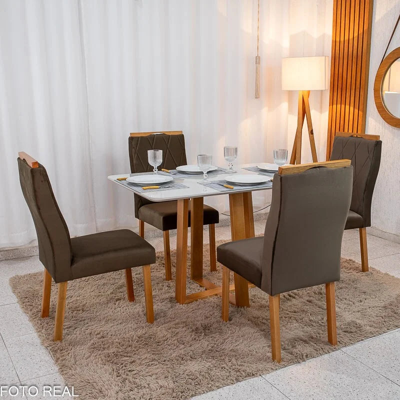 Mesa de Jantar Pedro 120×80 Vidro Off/Base Madeira + 4 Cad. Lisboa Veludo Marrom 509 Madeira Art Assento – Entregue Montada