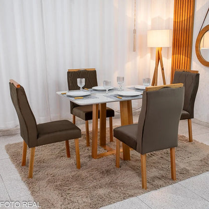 Mesa de Jantar Pedro 120×80 Vidro Off/Base Madeira + 4 Cad. Lisboa Veludo Marrom 509 Madeira Art Assento – Entregue Montada