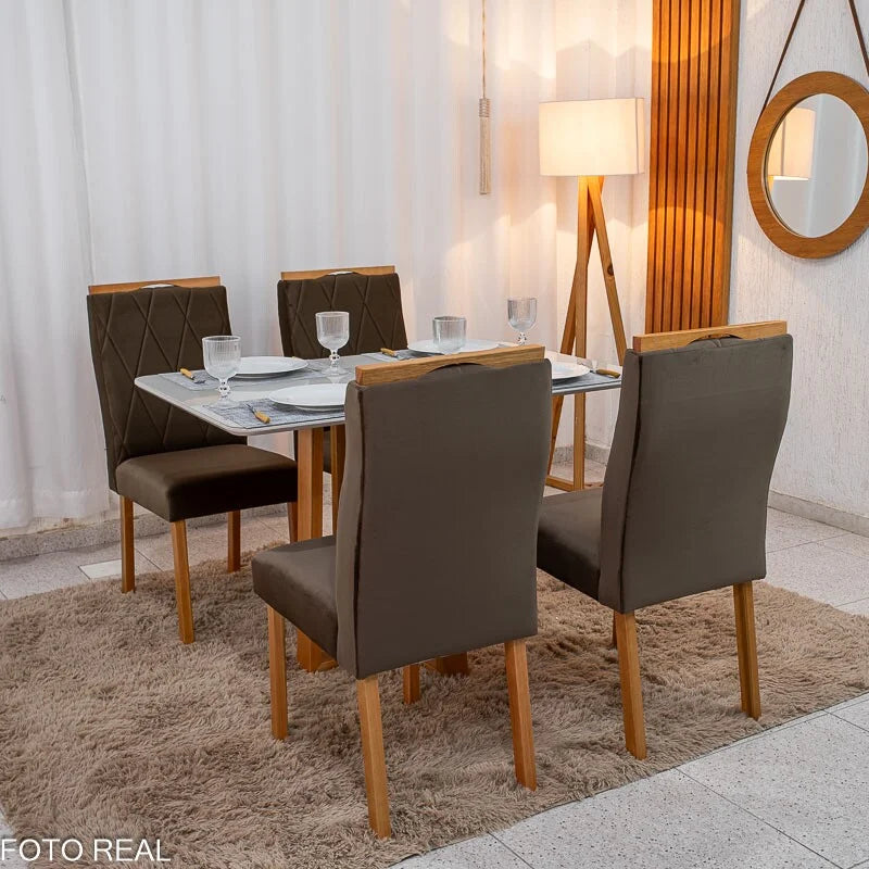 Mesa de Jantar Pedro 120×80 Vidro Off/Base Madeira + 4 Cad. Lisboa Veludo Marrom 509 Madeira Art Assento – Entregue Montada