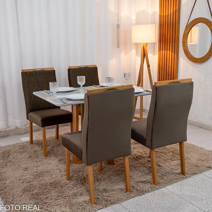 Mesa de Jantar Pedro 120×80 Vidro Off/Base Madeira + 4 Cad. Lisboa Veludo Marrom 509 Madeira Art Assento – Entregue Montada