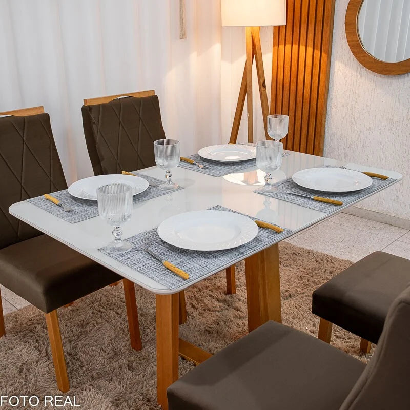 Mesa de Jantar Pedro 120×80 Vidro Off/Base Madeira + 4 Cad. Lisboa Veludo Marrom 509 Madeira Art Assento – Entregue Montada