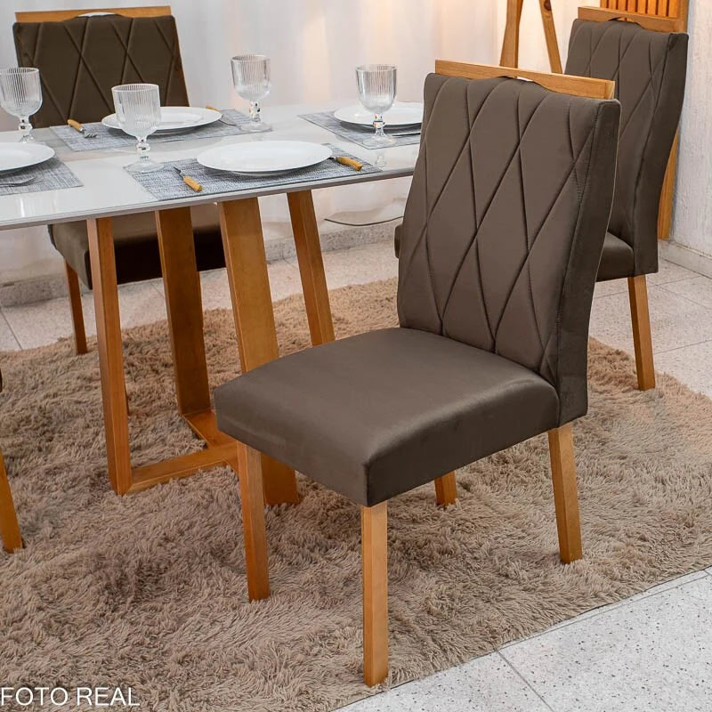 Mesa de Jantar Pedro 120×80 Vidro Off/Base Madeira + 4 Cad. Lisboa Veludo Marrom 509 Madeira Art Assento – Entregue Montada