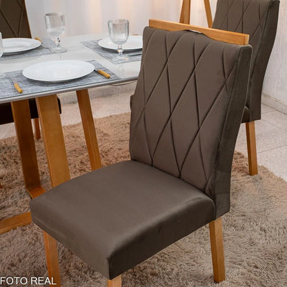 Mesa de Jantar Pedro 120×80 Vidro Off/Base Madeira + 4 Cad. Lisboa Veludo Marrom 509 Madeira Art Assento – Entregue Montada