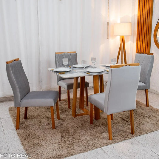Mesa de Jantar Pedro 120×80 Vidro Off/Base Madeira + 4 Cad. Lisboa Veludo Prata 514 Madeira Art Assento – Entregue Montada