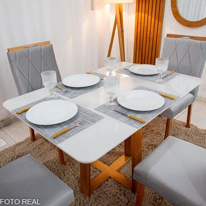 Mesa de Jantar Pedro 120×80 Vidro Off/Base Madeira + 4 Cad. Lisboa Veludo Prata 514 Madeira Art Assento – Entregue Montada