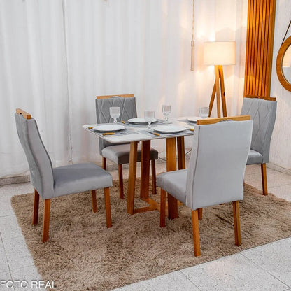 Mesa de Jantar Pedro 120×80 Vidro Off/Base Madeira + 4 Cad. Lisboa Veludo Prata 514 Madeira Art Assento – Entregue Montada