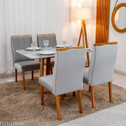 Mesa de Jantar Pedro 120×80 Vidro Off/Base Madeira + 4 Cad. Lisboa Veludo Prata 514 Madeira Art Assento – Entregue Montada