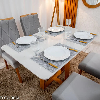 Mesa de Jantar Pedro 120×80 Vidro Off/Base Madeira + 4 Cad. Lisboa Veludo Prata 514 Madeira Art Assento – Entregue Montada