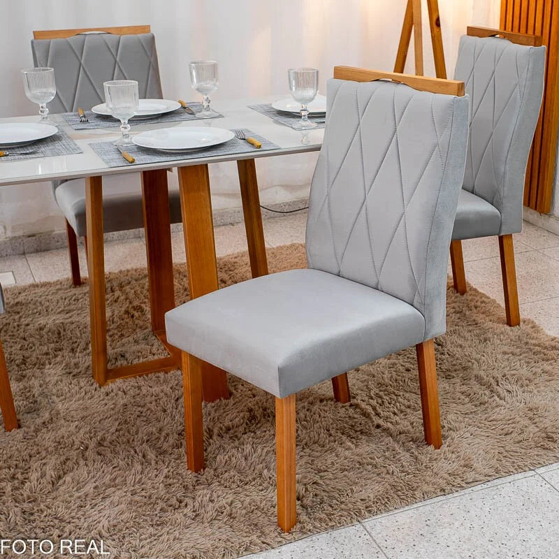 Mesa de Jantar Pedro 120×80 Vidro Off/Base Madeira + 4 Cad. Lisboa Veludo Prata 514 Madeira Art Assento – Entregue Montada