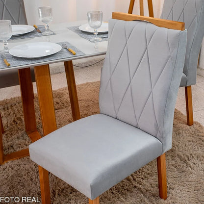 Mesa de Jantar Pedro 120×80 Vidro Off/Base Madeira + 4 Cad. Lisboa Veludo Prata 514 Madeira Art Assento – Entregue Montada