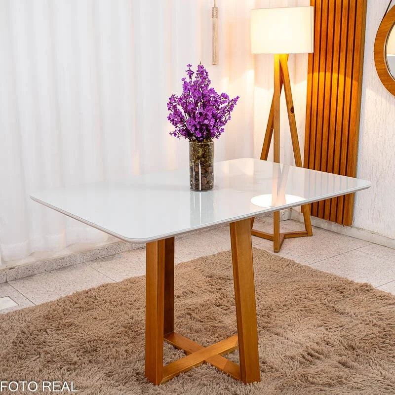 Mesa de Jantar Pedro 120×80 Vidro Off/Base Madeira Art Assento – Entregue Montada