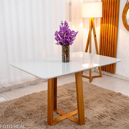 Mesa de Jantar Pedro 120×80 Vidro Off/Base Madeira Art Assento – Entregue Montada