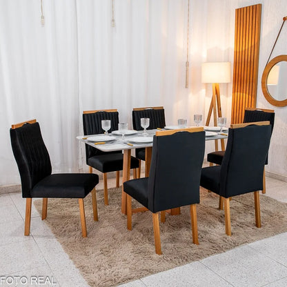 Mesa de Jantar Pedro 160×80 Mel Vidro Off + 6 Cad. Genova Veludo Preto 504 Madeira Art Assento – Entregue Montada
