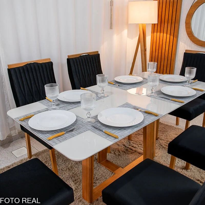 Mesa de Jantar Pedro 160×80 Mel Vidro Off + 6 Cad. Genova Veludo Preto 504 Madeira Art Assento – Entregue Montada
