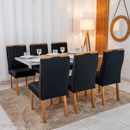 Mesa de Jantar Pedro 160×80 Mel Vidro Off + 6 Cad. Genova Veludo Preto 504 Madeira Art Assento – Entregue Montada